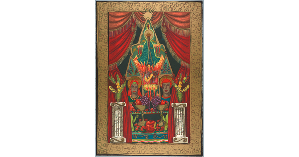 A color print of an illustration of an altar showing the virgin Mary with fruit offerings surrounded by a red curtain.