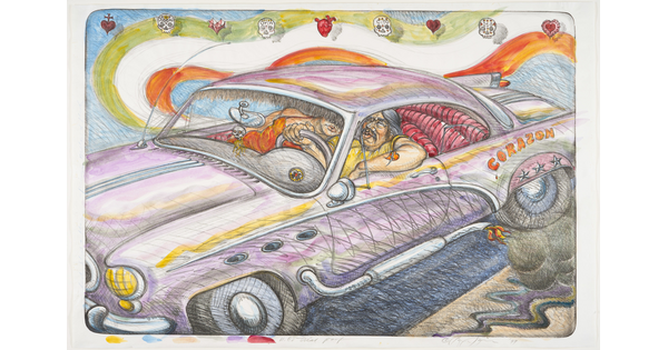 A color print of a man with a mustache, a woman leaning on his shoulder, driving a large purple car over a rainbow background.