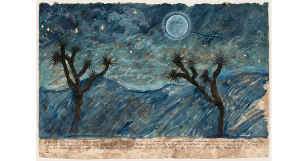 A watercolor painting of two helicopters, cockpits shaped like skulls, flying through a night sky toward two large Joshua trees, and several lines of script at the bottom.