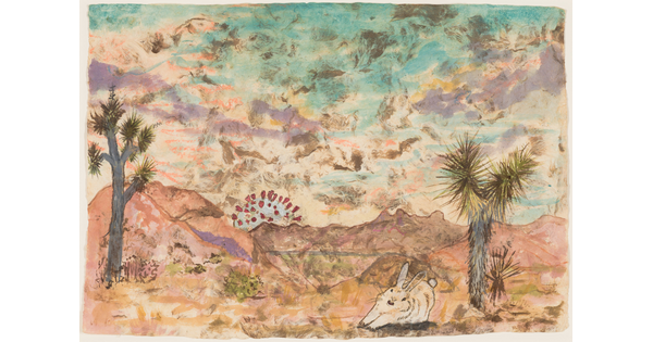 A watercolor painting of a desert landscape with a white rabbit, two Joshua trees, and mountains with a COVID-19 virus rising like the sun.