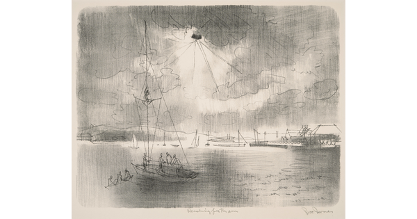 A black-and-white print of a line drawing of people in small sailboats on calm water on a cloudy day.