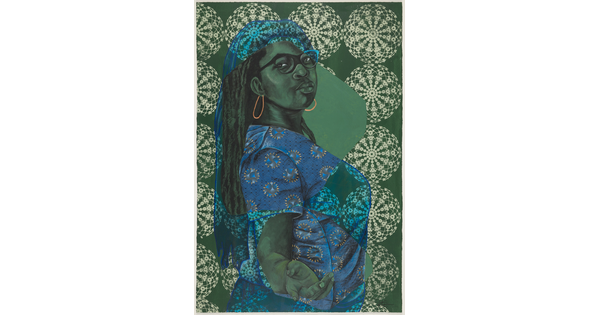A drawing of a Black woman standing in profile, head turned to look at the viewer, long hair in braids, glasses, wearing a blue decorative top, her right hand outstretched.