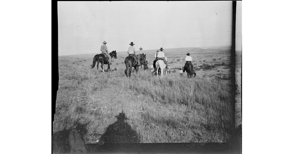 A black-and-white image of a group of cowboys on horseback walking away from the viewer toward a field.