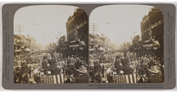 Two almost identical side-by-side black-and-white photographs of a parade of people, including several in a car waving to large crowds.