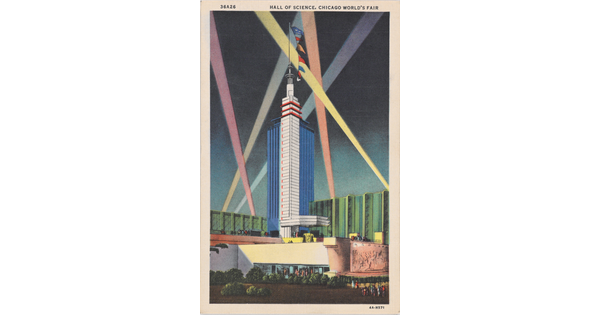 A color postcard of a tall, modern skyscraper illuminated by beams of light.