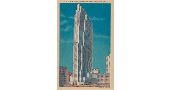 A color postcard of a tall skyscraper against a blue sky.