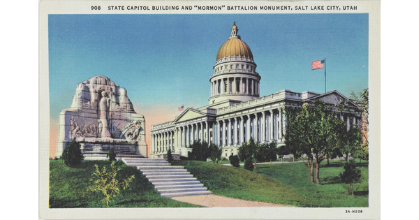A color postcard of a stone monument and a gold domed government building.