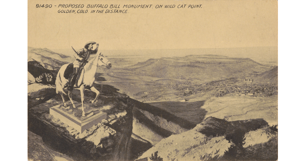 A sepia-toned postcard of an illustration of a sculpture of a man on a running white horse overlooking a mountain valley.