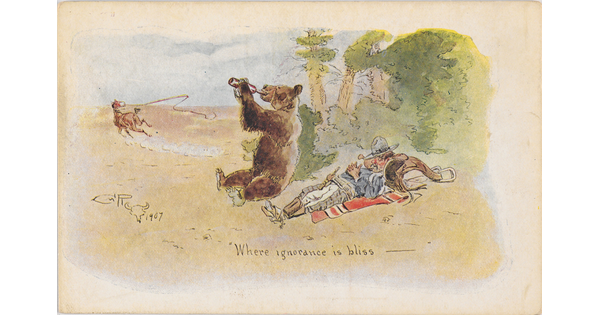 A color postcard with an illustration of a man sleeping on the ground next to a bear drinking from a bottle as a horse runs away in the distance.