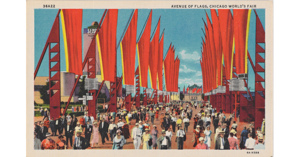A color postcard of crowds of people walking down a large pathway flanked by bright red flags on a clear, blue day.