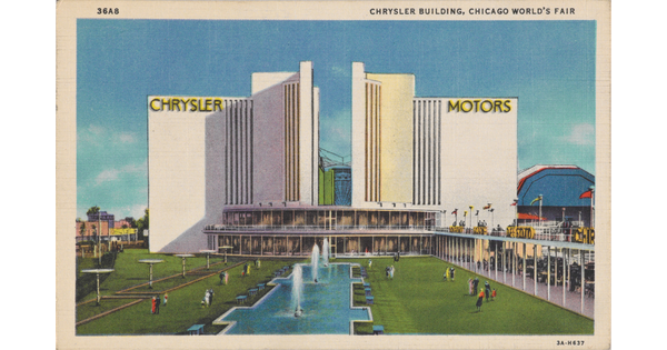 A color postcard of the grounds, fountain, and facade of a modern building that says "Chrysler Motors."