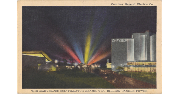 A color photograph postcard of a nighttime cityscape with colorful beams of light shining from the horizon.