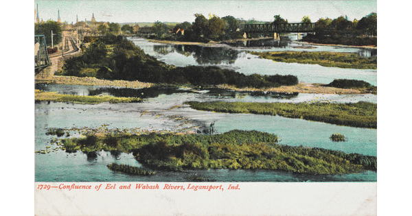 A color postcard of a marshy area dotted with little wooded islands, several bridges over the water, and train tracks off to the side.