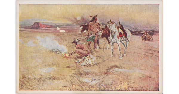 A color postcard with an illustration of two Indigenous people and their horses starting a fire on dry grasslands.