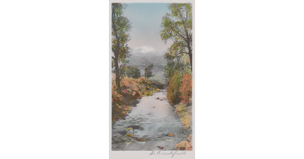 A color photograph of a river disappearing into the distance, trees in autumn colors on the banks, and snowy mountains in the distance.