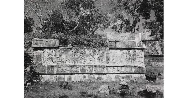 A black-and-white photograph of a crumbling stone wall engraved with designs surrounded by grass and trees.