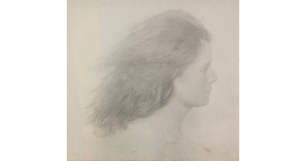 A black-and-white photograph of a young White woman in profile from the neck up with her shoulder-length hair streaming behind her.