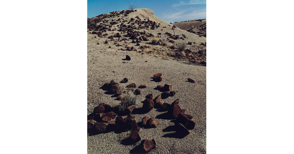A color photograph of a sand dune with low vegetation and rocks scattered on it.