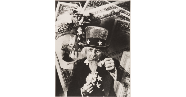 A black-and-white photograph of Uncle Sam with his fists up superimposed over American paper money.