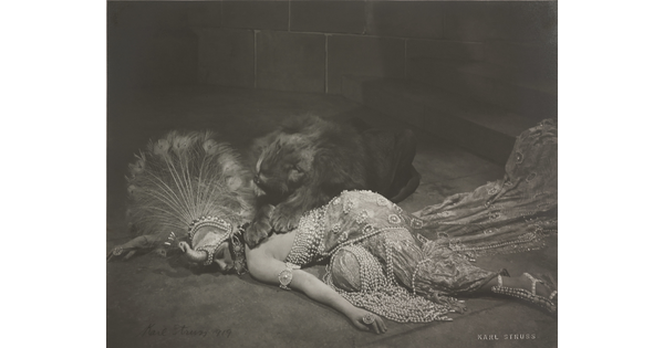 A black-and-white photograph of an elaborately dressed White woman lying on the ground with a snarling lion lying over her back.