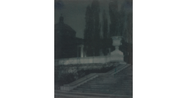 A black-and-white photograph of a set of stone stairs, a large vase, and a large domed building next to tall trees.