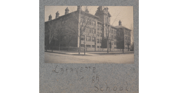 A black-and-white photograph of a four-story high brick building labeled "Lafayette High School."