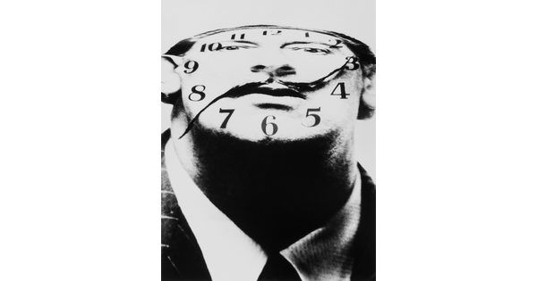 A black-and-white photograph of a White man's distorted face as a clock face with his mustache as the hands.