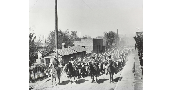 A black-and-white photograph of four men on horseback leading a large herd of cattle down a dusty road.