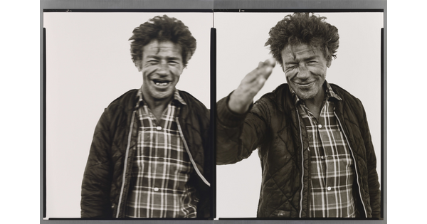 Two side-by-side black-and-white photographs of a medium-skinned man with short hair, wearing a plaid shirt and dark quilt jacket.