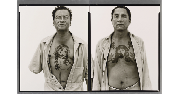 Two side-by-side black-and-white photographs of two men, the one on the left is missing an arm, and both are wearing open shirts showing prominent chest tattoos of Jesus.