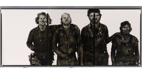 Three black-and-white photographs of four young men covered in dark coal dust leaning on one another.