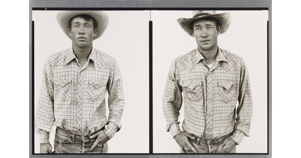 Two side-by-side black-and-white photographs of a White man wearing a plaid shirt and cowboy hat with his hands in his pockets.