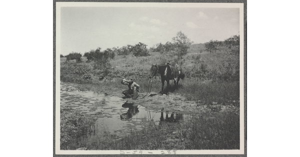 A black-and-white photograph of a cowboy crouched next to a stream drinking water from his hat as his horse stands behind him.