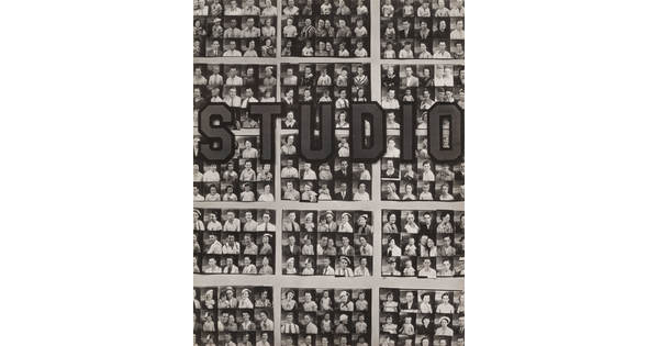A black-and-white photograph of dozens of photo strips with the word &quot;Studio&quot; across the middle of the image.