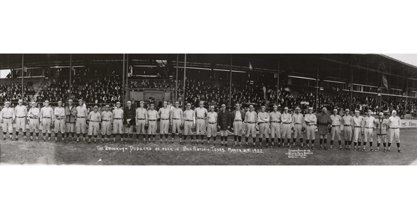 A black-and-white panoramic photograph of the Brooklyn Dodgers baseball team.