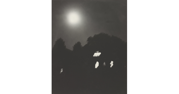 A black-and-white photograph of trees and a dark house with lit windows at night under a full moon.