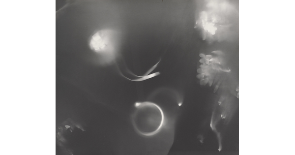 An abstract black-and-white photograph of foggy ribbons and flowers against a black background.