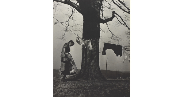 A black-and-white photograph of a White woman in a dress and apron standing next to a large tree with a clothesline and clothes hanging from it.