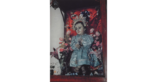 A color photograph of a child Jesus doll wearing a blue robe and gold crown, and surrounded by small pink flowers.