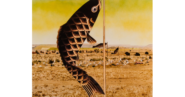 A color photograph of Japanese carp banners hanging from poles, receding into a distant, flat landscape full of white crosses under a glowing yellow sky.