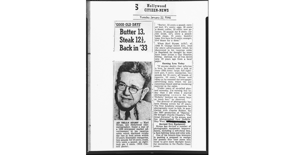 A black-and-white photograph of a newspaper clipping with a headshot of a White man wearing glasses.