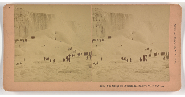 Two almost identical side-by-side sepia-toned photographs of people at the base of a snowy and icy cliff.