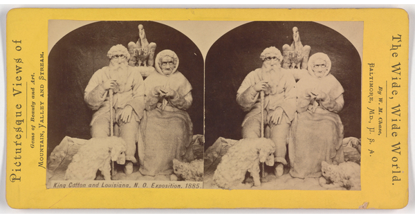 Two almost identical side-by-side sepia-tones photographs of an old man and woman seated with a dog, cat, and eagle all made entirely of white cotton.