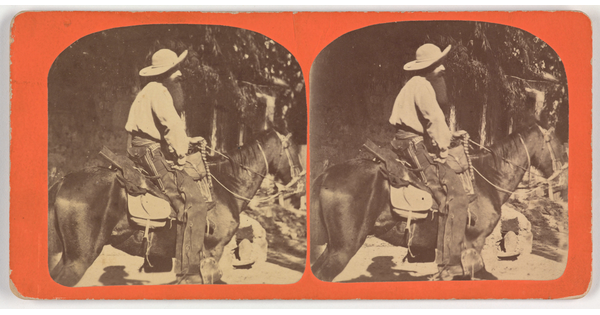 Two side-by-side, black-and-white photographs of a bearded cowboy on horseback as viewed from the side.