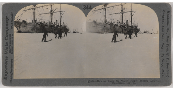 Two almost identical black-and-white photographs side by side of people walking on snow toward a large ship.