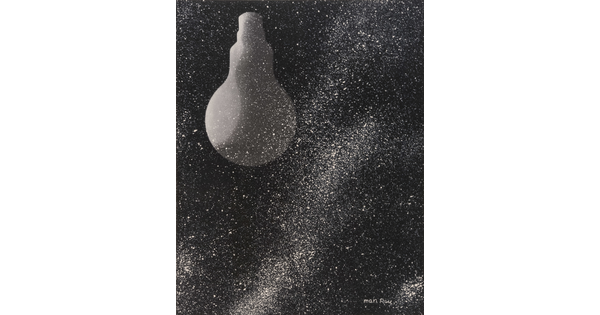 A black-and-white photograph of a starry galaxy with a large lightbulb hanging upside-down from the upper left corner.