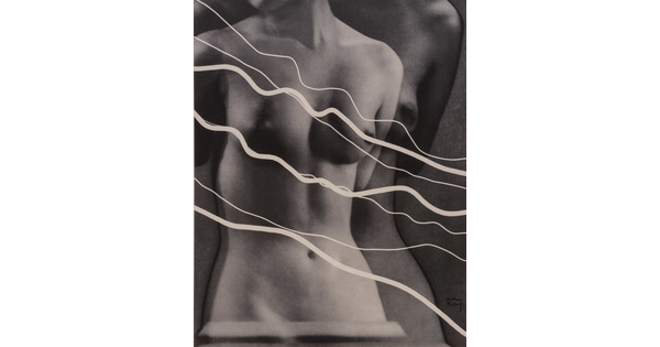 A black-and-white photograph of a double-exposed White nude female torso with several wavy lines layered in front.