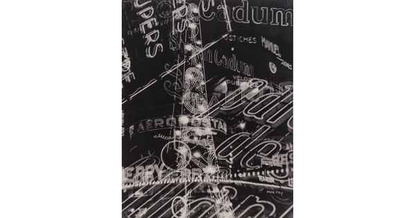 A black-and-white photograph of overlapping commercial neon signs.