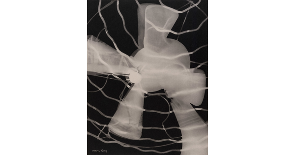 An abstract black-and-white photograph of a white and gray silhouette of an electric fan.