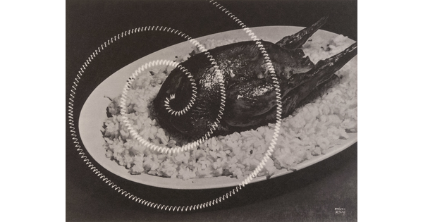 A black-and-white photograph of roasted poultry on a bed of white rice with an electric coil spiraled over it.
